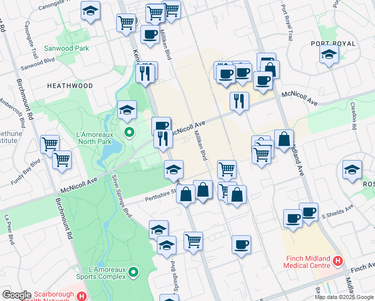 map of restaurants, bars, coffee shops, grocery stores, and more near 2020 McNicoll Avenue in Toronto