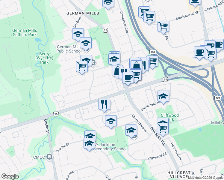map of restaurants, bars, coffee shops, grocery stores, and more near 51 Holsworthy Crescent in Markham