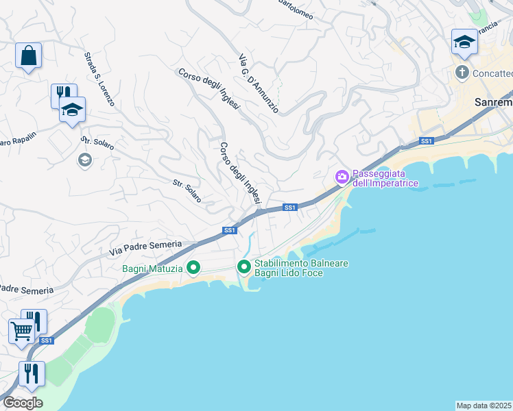 map of restaurants, bars, coffee shops, grocery stores, and more near 1 Via Legnano in Sanremo