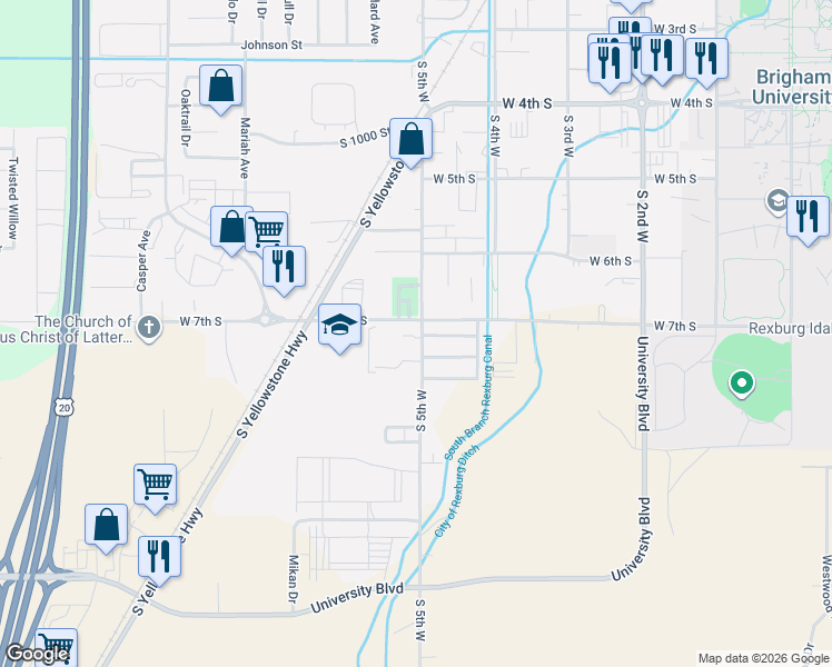map of restaurants, bars, coffee shops, grocery stores, and more near 671.5 South 5th West in Rexburg