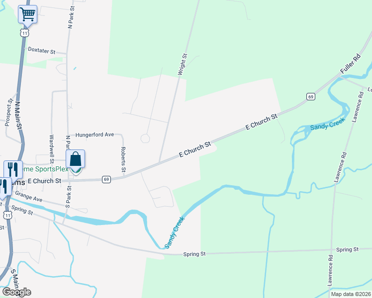 map of restaurants, bars, coffee shops, grocery stores, and more near 11 Wright Street in Adams