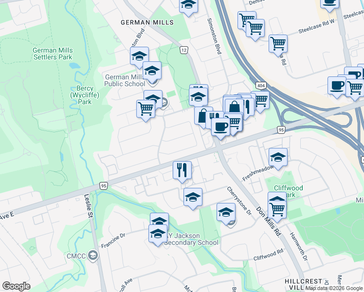map of restaurants, bars, coffee shops, grocery stores, and more near 28 Holsworthy Crescent in Markham