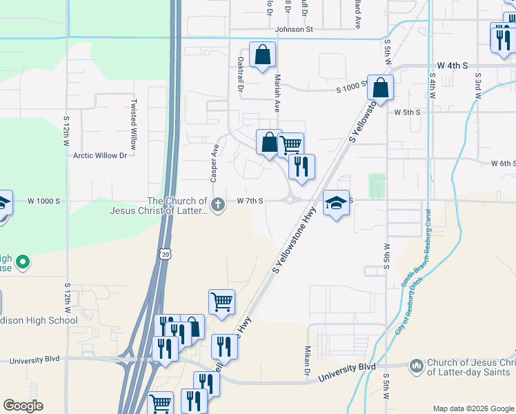 map of restaurants, bars, coffee shops, grocery stores, and more near 730 West 7th South in Rexburg