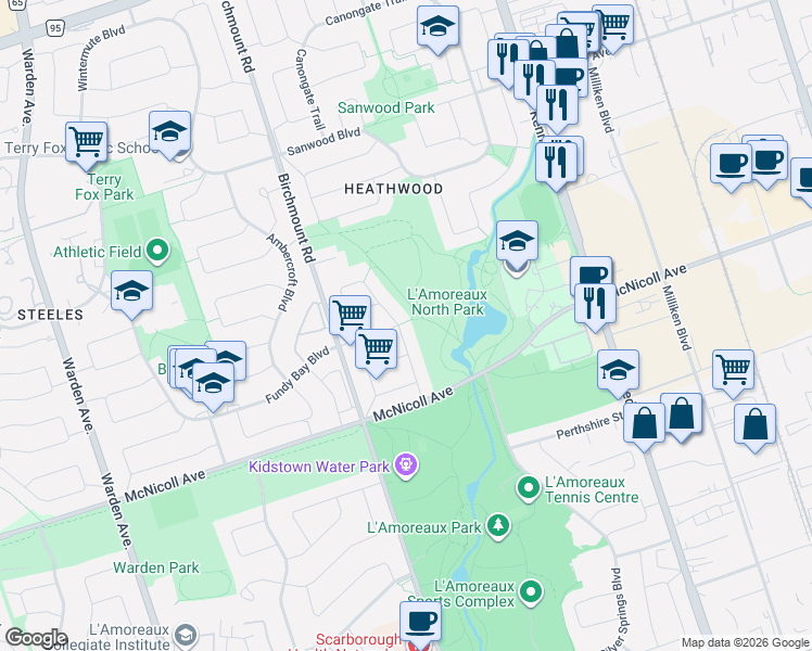 map of restaurants, bars, coffee shops, grocery stores, and more near 33 Morbank Drive in Toronto
