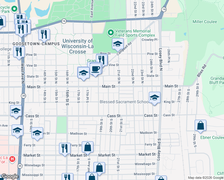 map of restaurants, bars, coffee shops, grocery stores, and more near 2027 Main Street in La Crosse