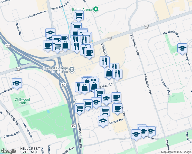 map of restaurants, bars, coffee shops, grocery stores, and more near 750 Gordon Baker Road in Toronto