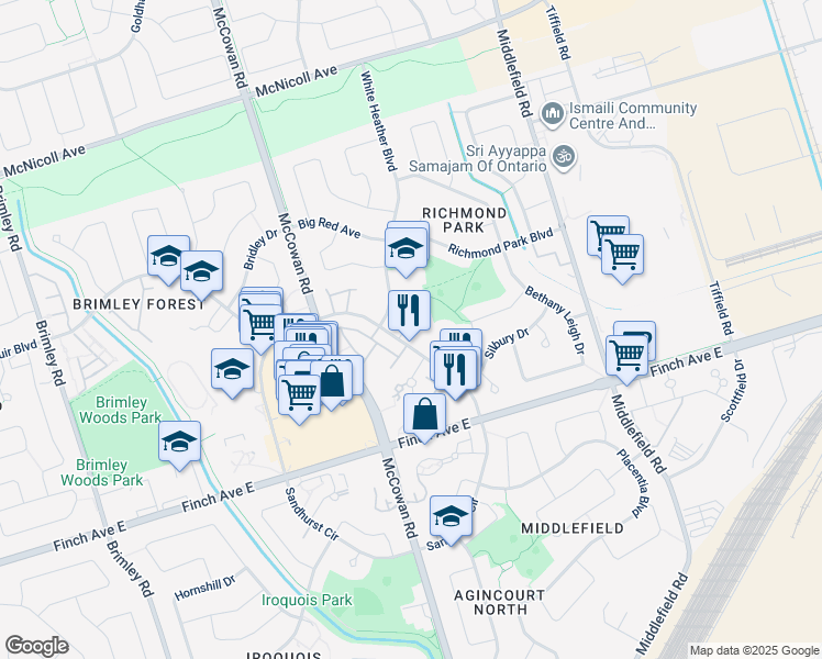 map of restaurants, bars, coffee shops, grocery stores, and more near in Toronto