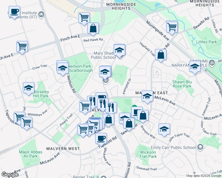 map of restaurants, bars, coffee shops, grocery stores, and more near 30 Prosperity Pathway in Toronto
