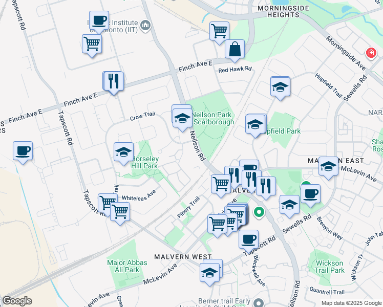 map of restaurants, bars, coffee shops, grocery stores, and more near 100 Wingarden Court in Toronto