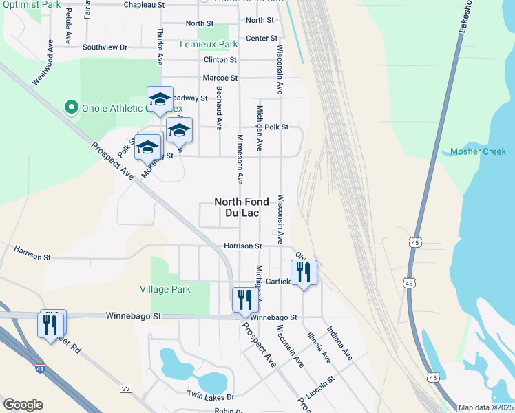 map of restaurants, bars, coffee shops, grocery stores, and more near 910 Michigan Avenue in North Fond du Lac