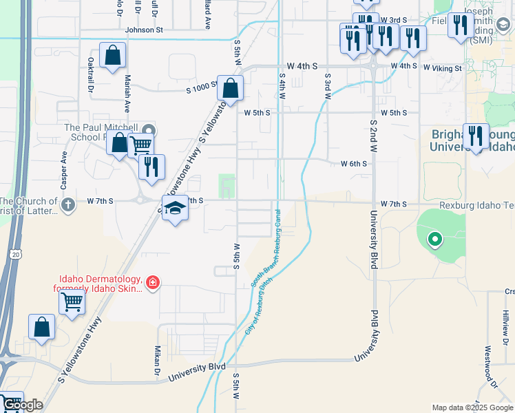 map of restaurants, bars, coffee shops, grocery stores, and more near 460 West 7th South in Rexburg