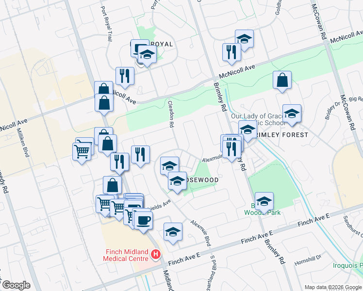 map of restaurants, bars, coffee shops, grocery stores, and more near in Toronto