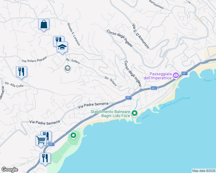 map of restaurants, bars, coffee shops, grocery stores, and more near 59 Strada Solaro in Sanremo