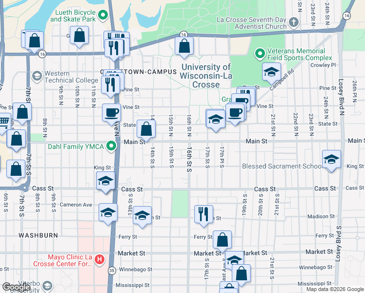 map of restaurants, bars, coffee shops, grocery stores, and more near 1525 Main Street in La Crosse