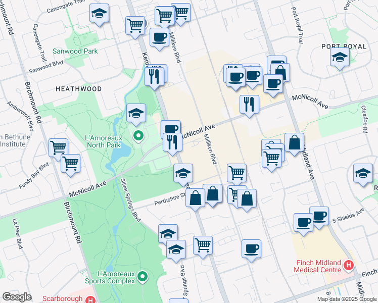 map of restaurants, bars, coffee shops, grocery stores, and more near 2020 McNicoll Avenue in Toronto
