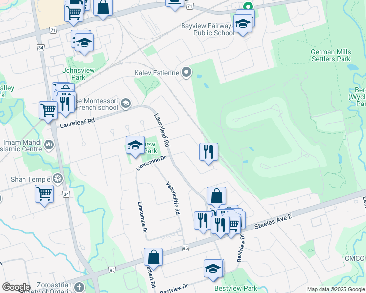 map of restaurants, bars, coffee shops, grocery stores, and more near 60 Babcombe Drive in Markham
