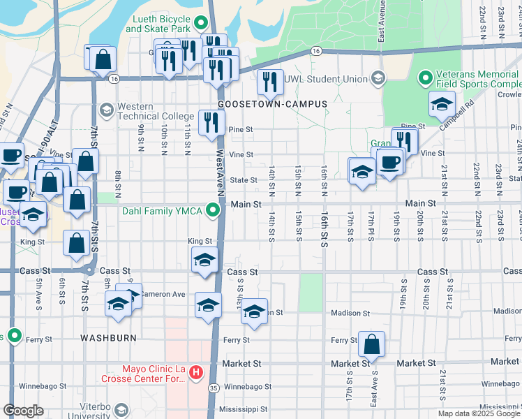 map of restaurants, bars, coffee shops, grocery stores, and more near 1333 Main Street in La Crosse