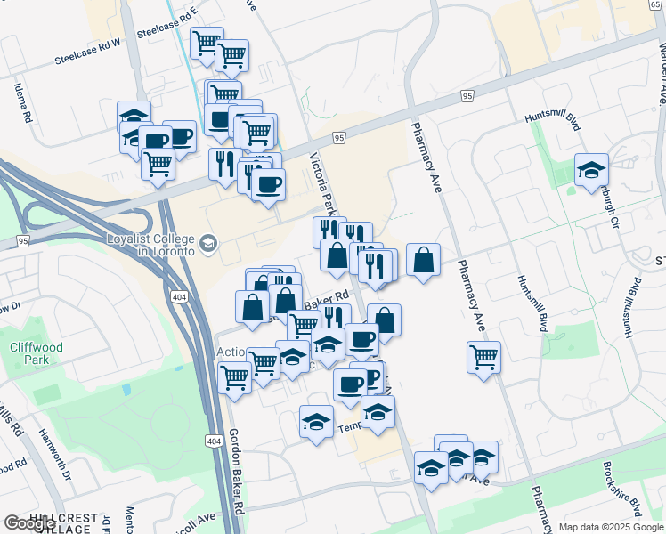 map of restaurants, bars, coffee shops, grocery stores, and more near in Toronto