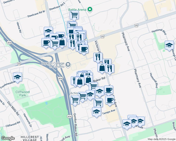map of restaurants, bars, coffee shops, grocery stores, and more near 750 Gordon Baker Road in Toronto