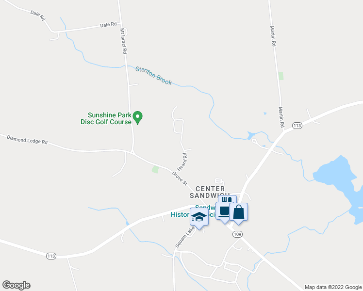 map of restaurants, bars, coffee shops, grocery stores, and more near 52 Heard Road in Sandwich