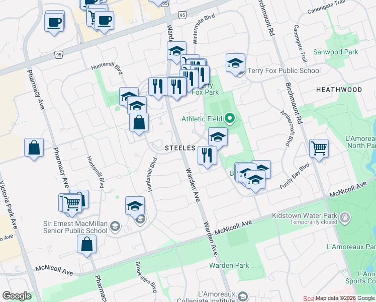 map of restaurants, bars, coffee shops, grocery stores, and more near 7647 Warden Avenue in Toronto