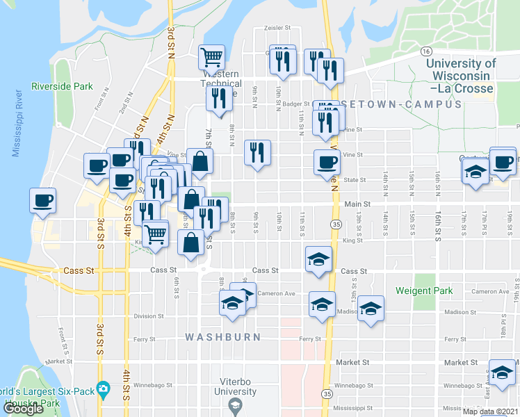 map of restaurants, bars, coffee shops, grocery stores, and more near 903 Main Street in La Crosse