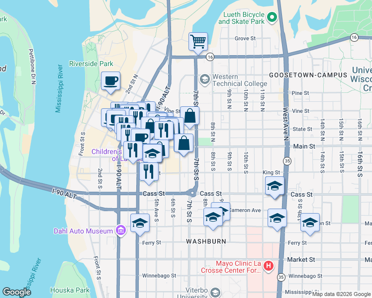 map of restaurants, bars, coffee shops, grocery stores, and more near 612 Main Street in La Crosse