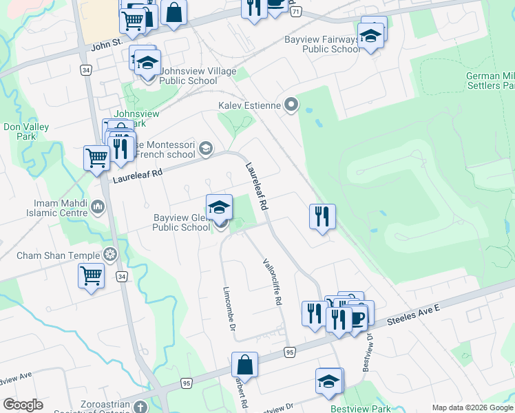 map of restaurants, bars, coffee shops, grocery stores, and more near in Markham