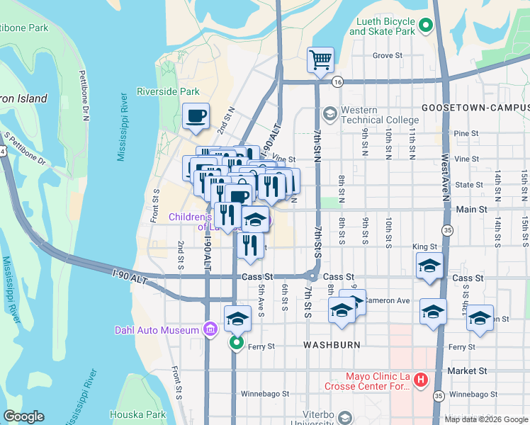 map of restaurants, bars, coffee shops, grocery stores, and more near in La Crosse