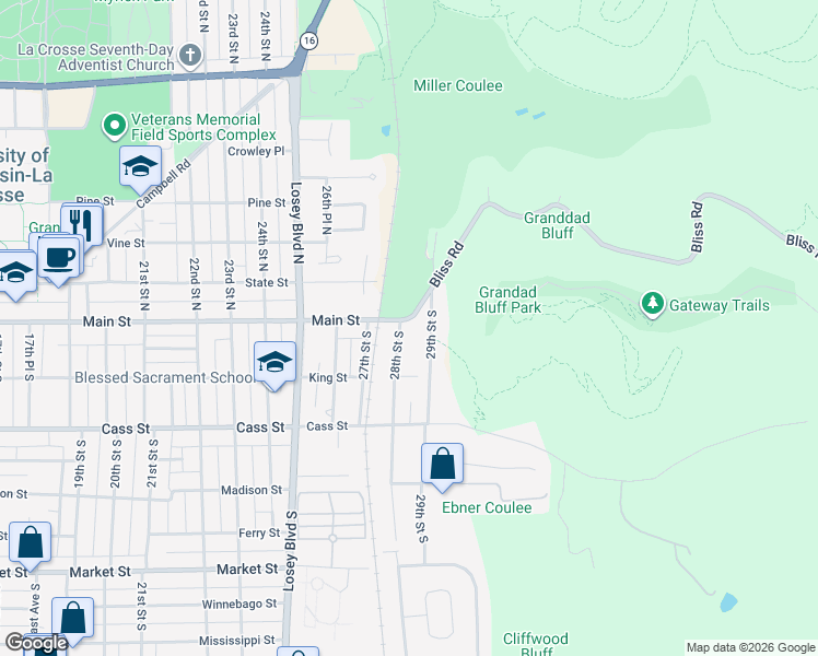 map of restaurants, bars, coffee shops, grocery stores, and more near 2804 Main Street in La Crosse
