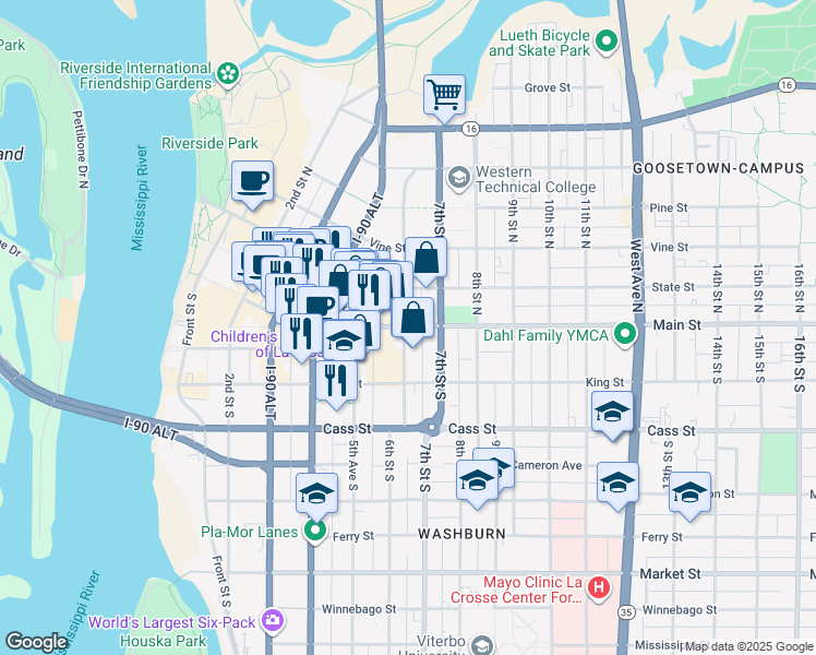 map of restaurants, bars, coffee shops, grocery stores, and more near 100 6th Street North in La Crosse