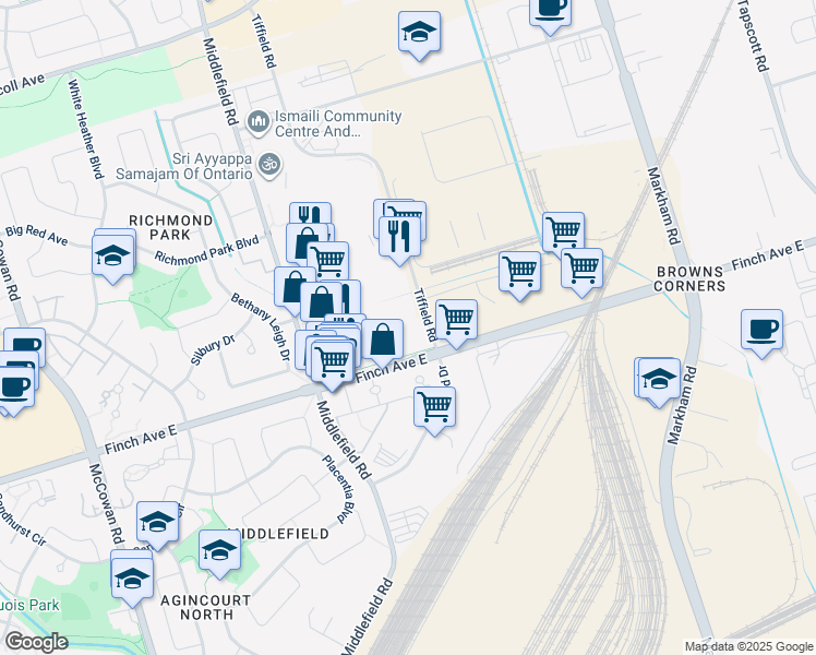 map of restaurants, bars, coffee shops, grocery stores, and more near in Toronto