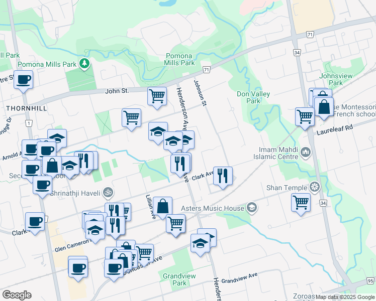 map of restaurants, bars, coffee shops, grocery stores, and more near 161 Henderson Avenue in Markham