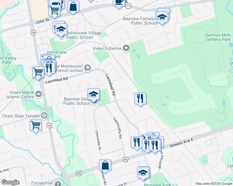 map of restaurants, bars, coffee shops, grocery stores, and more near 41 Laureleaf Road in Markham