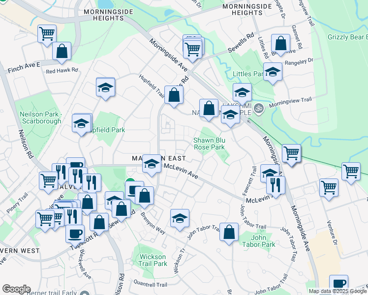 map of restaurants, bars, coffee shops, grocery stores, and more near 72 Plumrose Pathway in Toronto