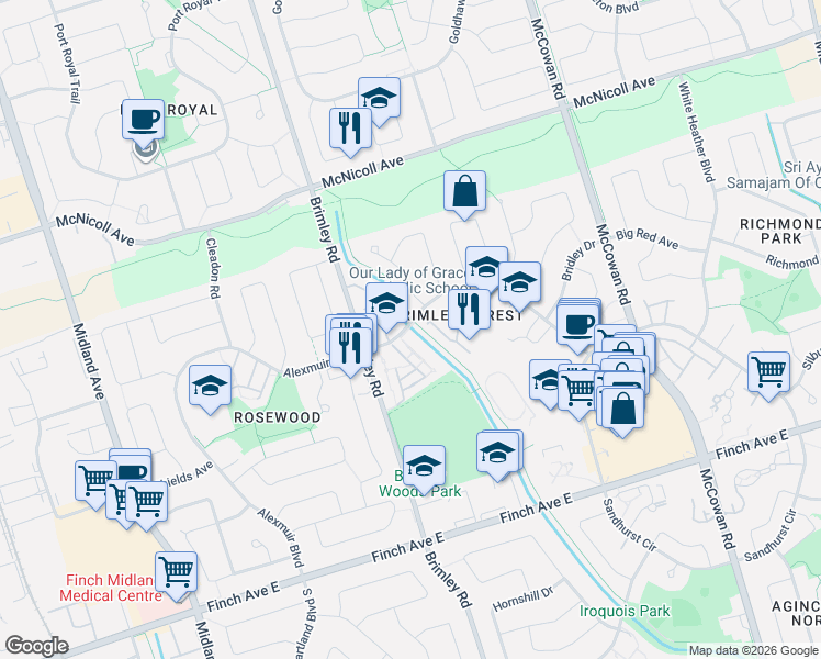 map of restaurants, bars, coffee shops, grocery stores, and more near 25 Brimwood Boulevard in Toronto