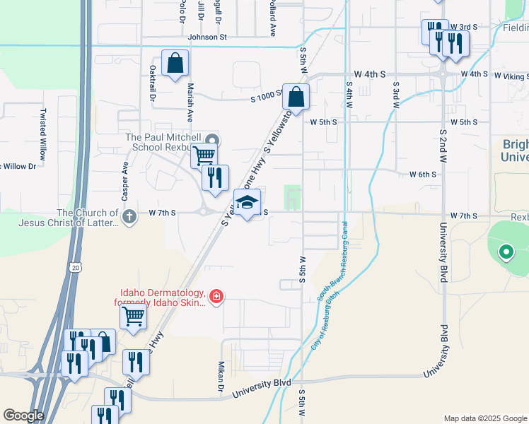 map of restaurants, bars, coffee shops, grocery stores, and more near 545 West 7th South in Rexburg