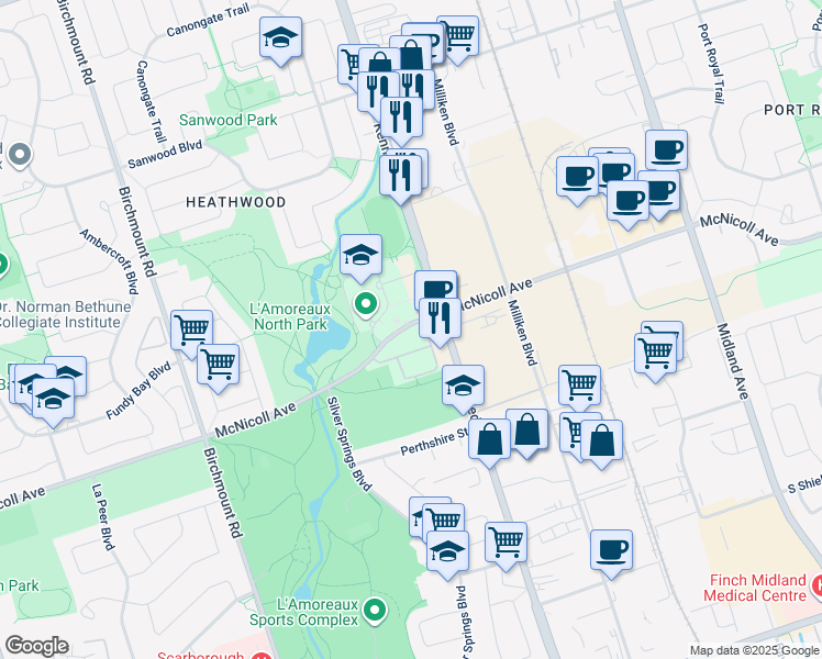 map of restaurants, bars, coffee shops, grocery stores, and more near 1883 McNicoll Avenue in Toronto
