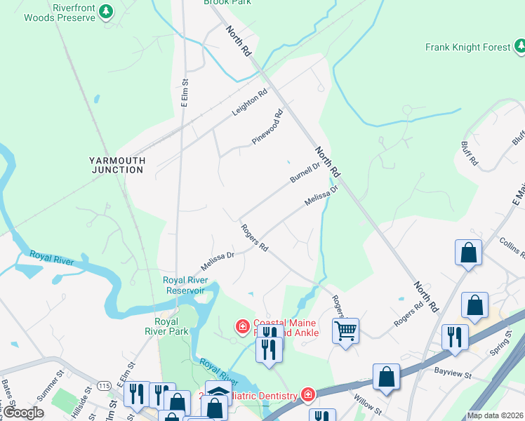 map of restaurants, bars, coffee shops, grocery stores, and more near b106 Burnell Drive in Yarmouth