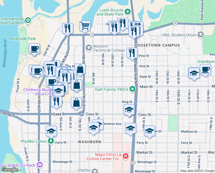 map of restaurants, bars, coffee shops, grocery stores, and more near 903 Main Street in La Crosse
