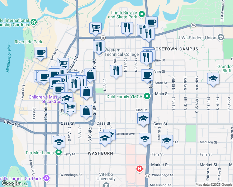 map of restaurants, bars, coffee shops, grocery stores, and more near 903 Main Street in La Crosse
