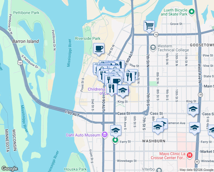 map of restaurants, bars, coffee shops, grocery stores, and more near 313 Pearl Street in La Crosse
