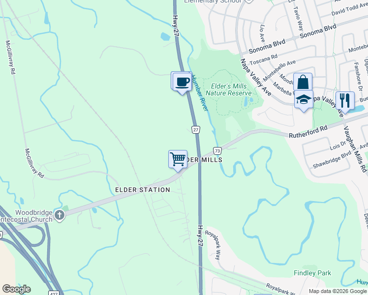 map of restaurants, bars, coffee shops, grocery stores, and more near 5970 Rutherford Road in Vaughan