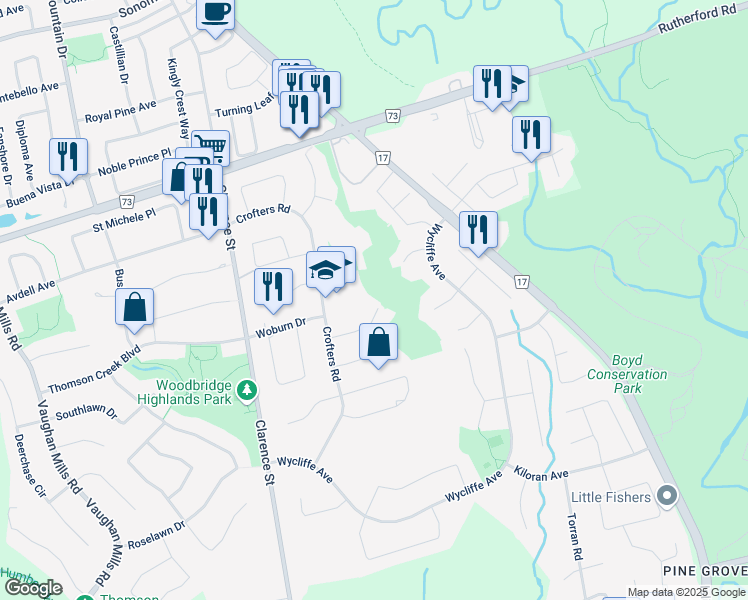map of restaurants, bars, coffee shops, grocery stores, and more near 72 Chatsworth Court in Vaughan
