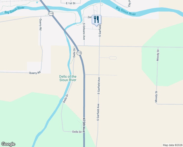 map of restaurants, bars, coffee shops, grocery stores, and more near 24648 475th Avenue in Dell Rapids