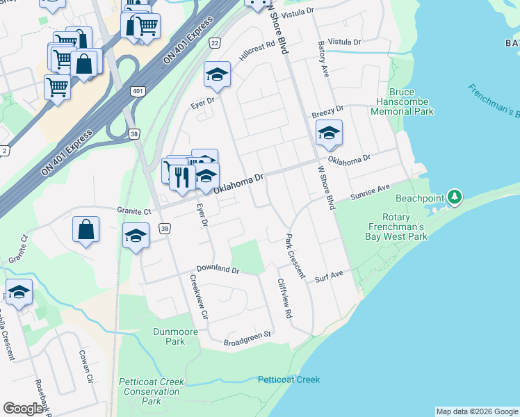 map of restaurants, bars, coffee shops, grocery stores, and more near 700 Hillcrest Road in Pickering