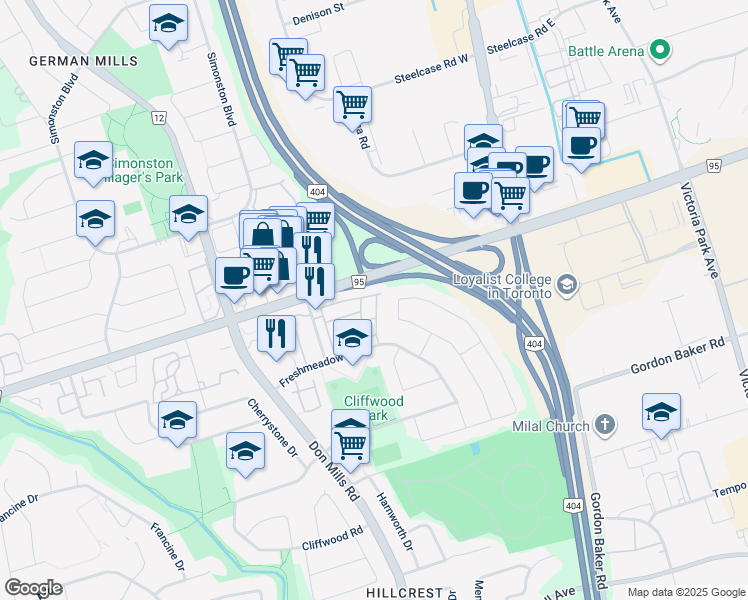map of restaurants, bars, coffee shops, grocery stores, and more near 147 Song Meadoway in Toronto