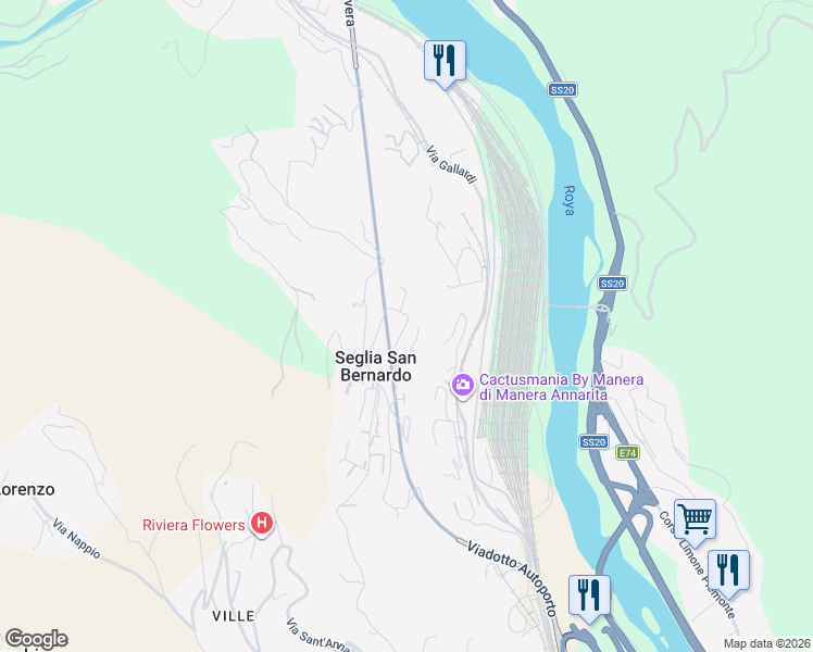 map of restaurants, bars, coffee shops, grocery stores, and more near 33 Via Tamagna in Imperia