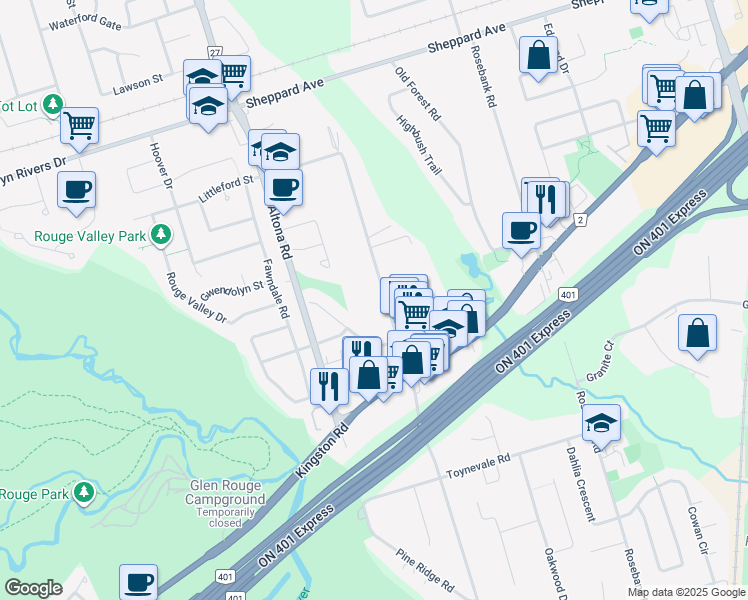 map of restaurants, bars, coffee shops, grocery stores, and more near 1382 Rougemount Drive in Pickering