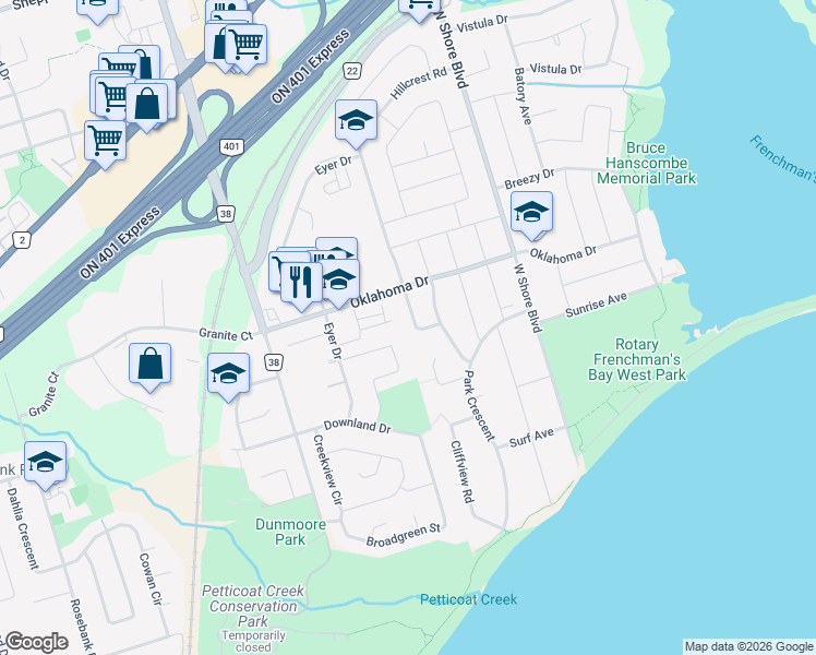 map of restaurants, bars, coffee shops, grocery stores, and more near in Pickering